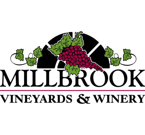 Millbrook Vineyards and Winery logo black, white, purple, with grapes